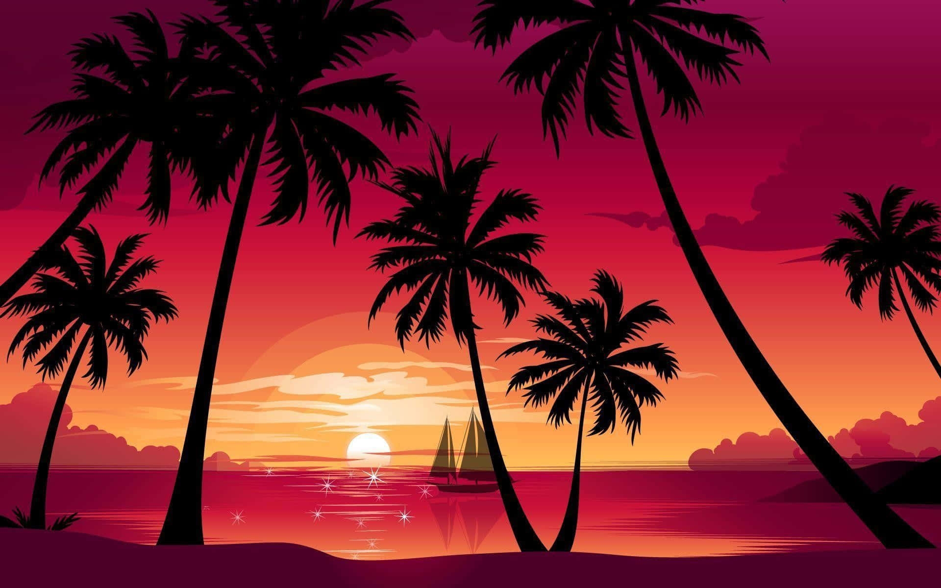 Pink Beach Sunset With A Sailboat Wallpaper