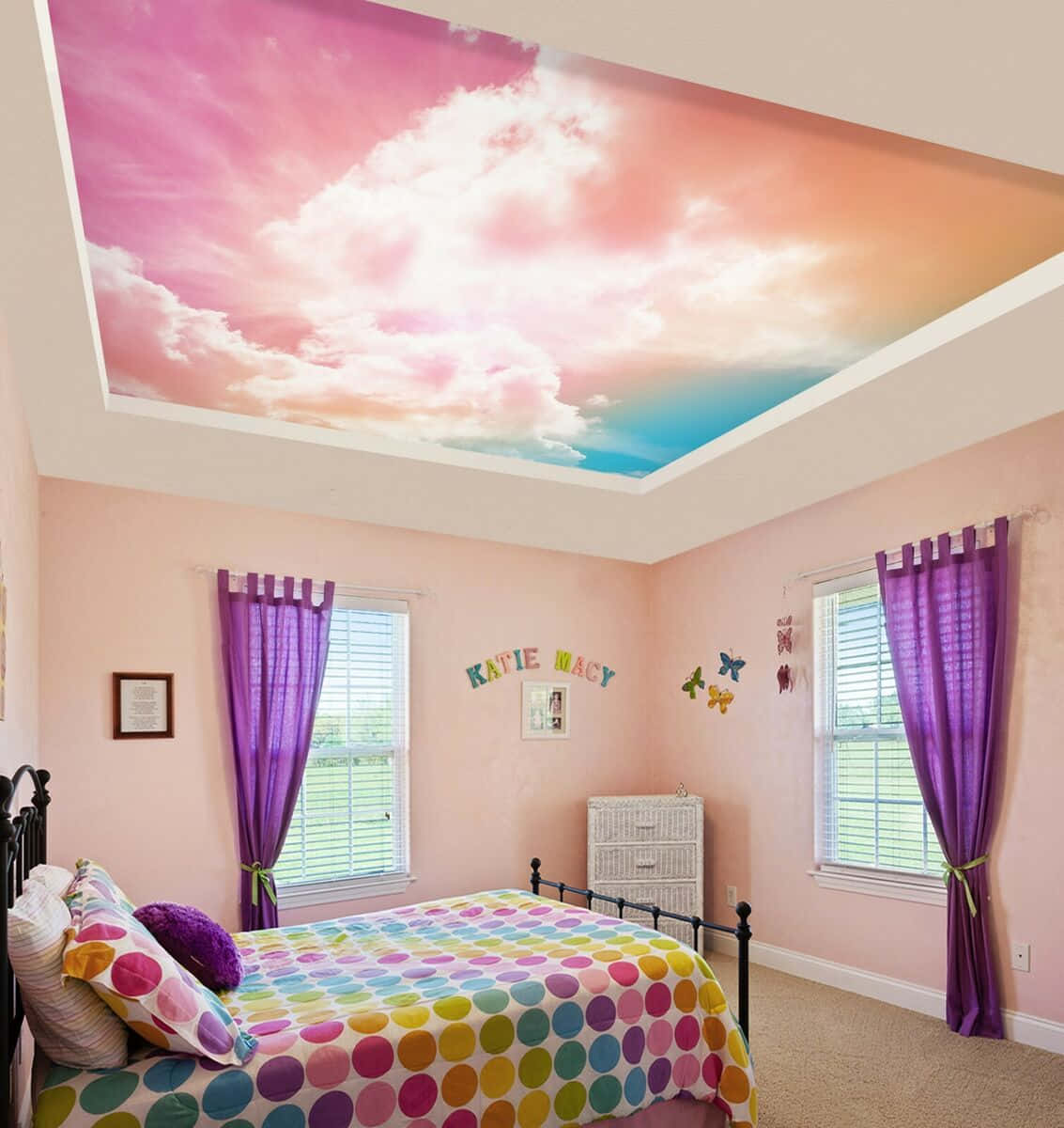 Pink Bedroomwith Cloud Ceiling Mural Wallpaper