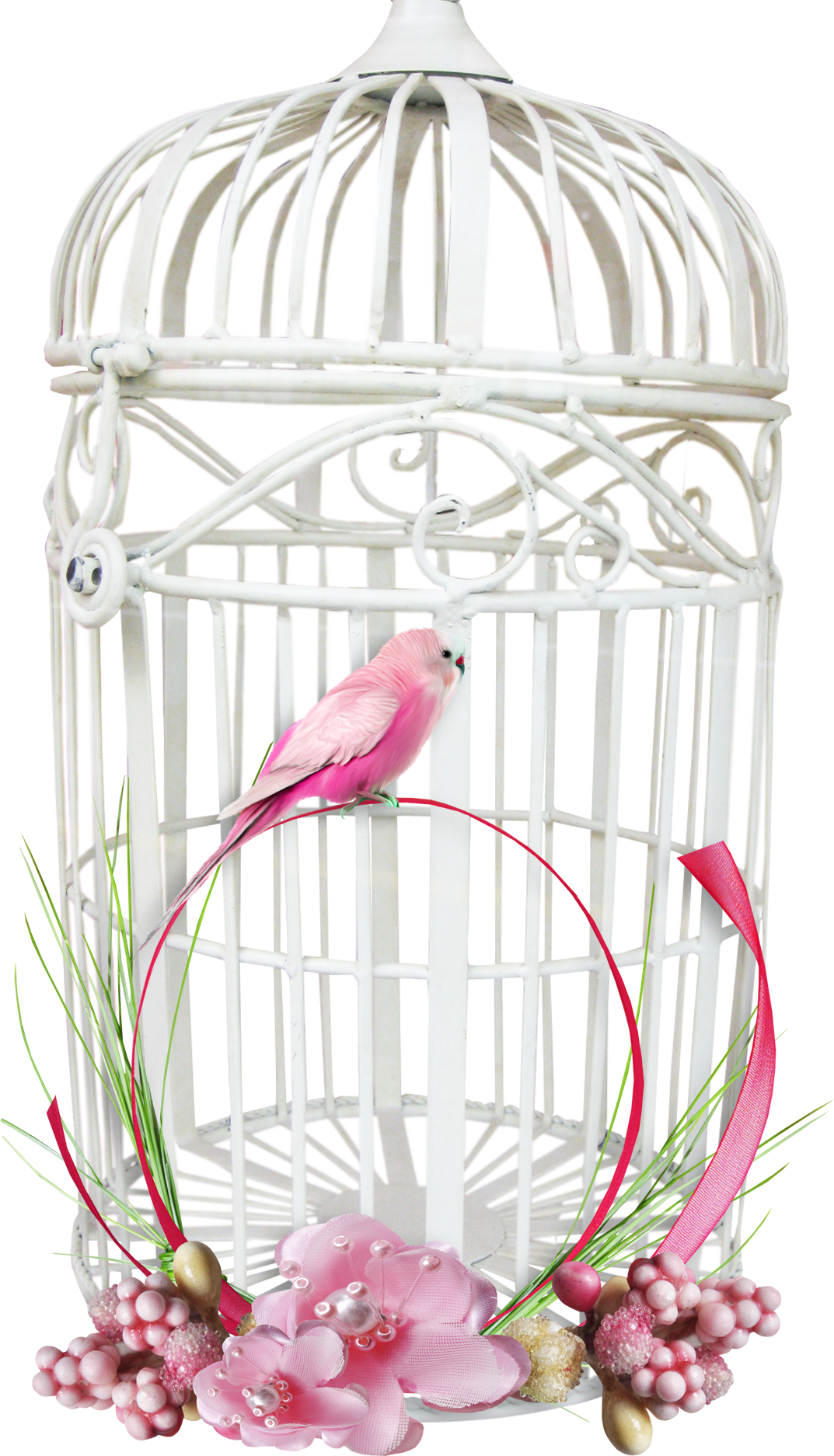 Pink Bird White Cage Floral Decoration.png PNG