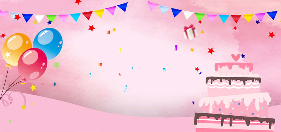 A Pink Background With Balloons And A Cake