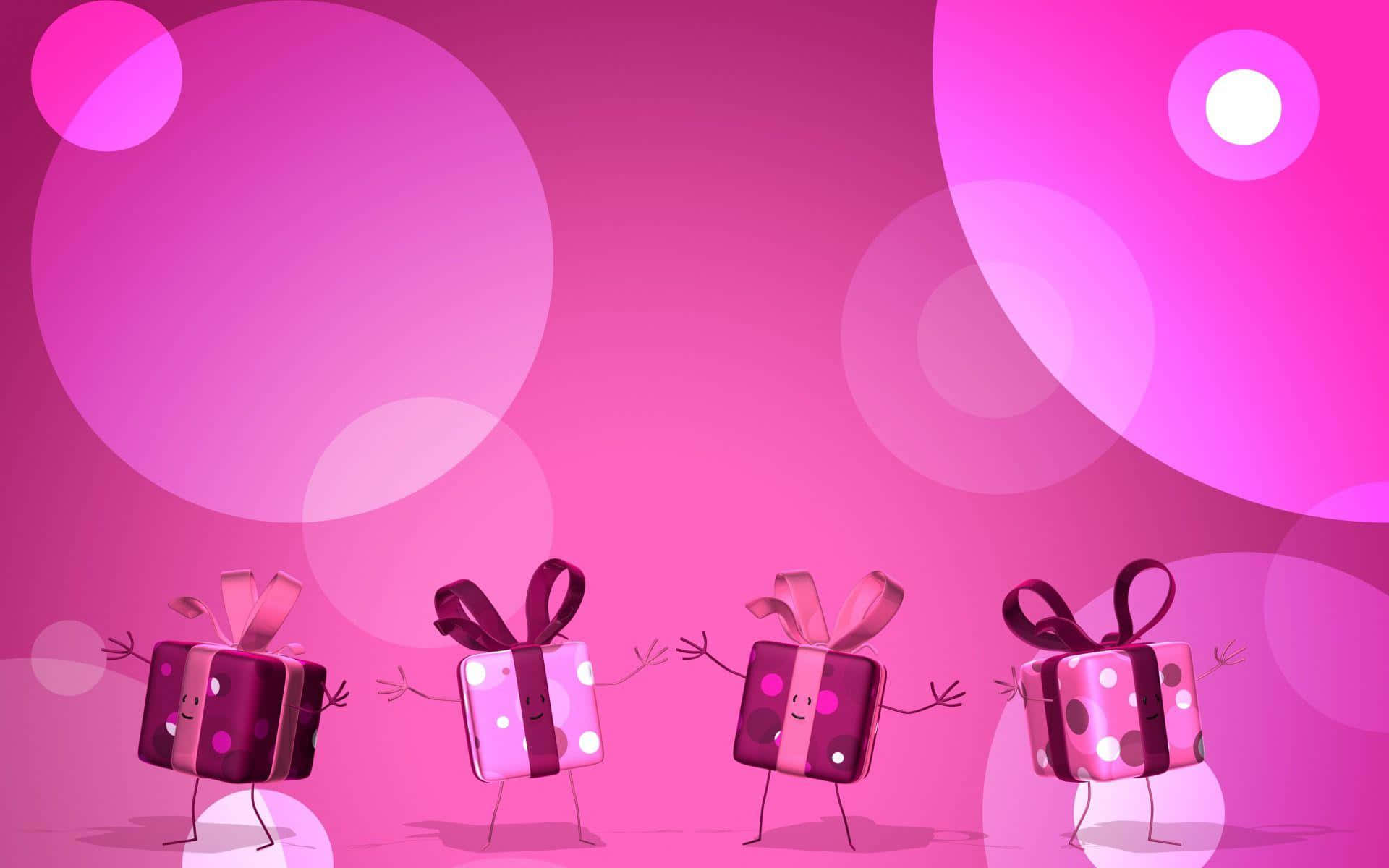 Three People Holding Presents On A Pink Background Wallpaper