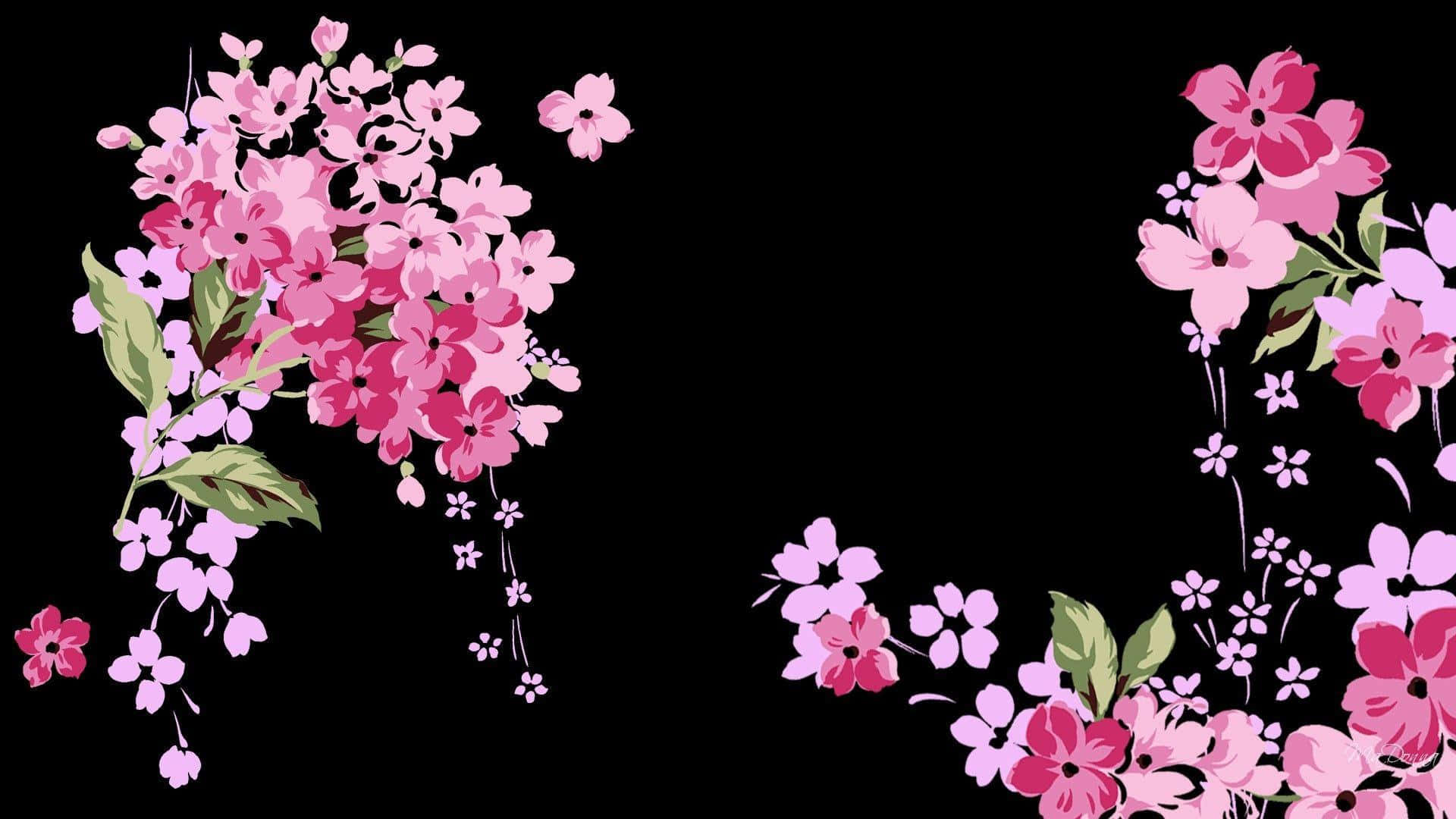 A Black Background With Pink Flowers On It