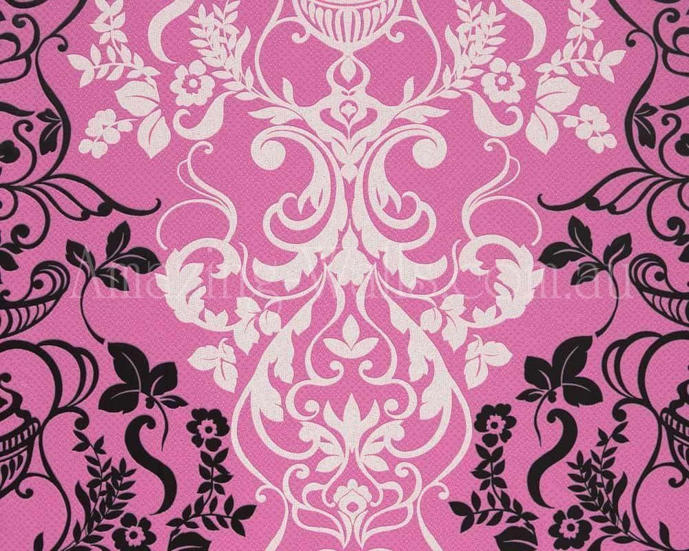 An abstract pattern of interweaving shapes in pink, black, and white Wallpaper