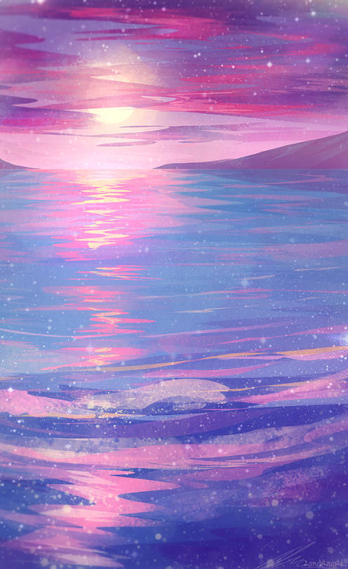 Pink Blue Sky Reflection Digital Painting Wallpaper