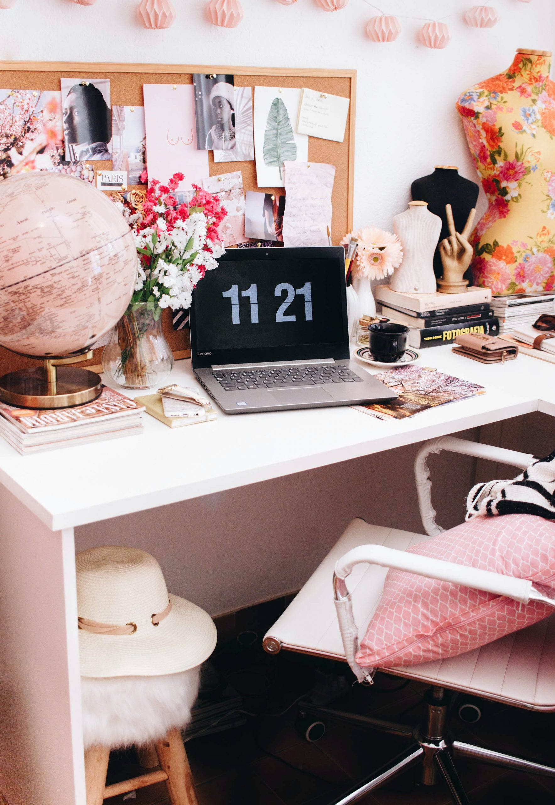 Pink Boho-chic Office Coffee Laptop Background