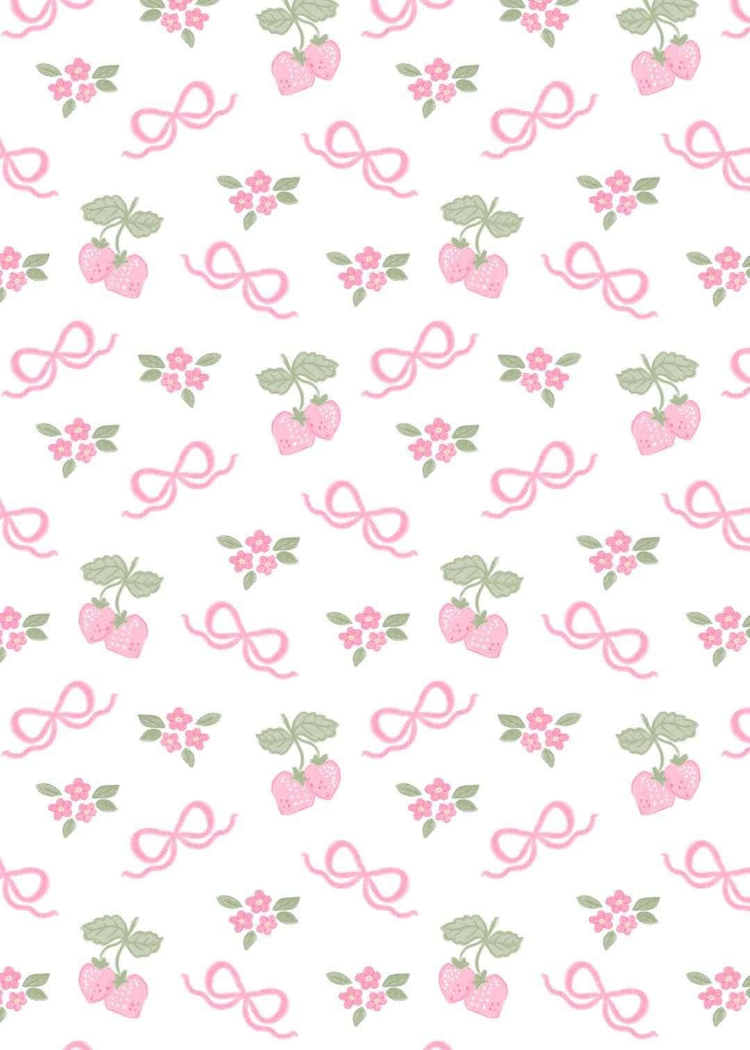Pink Bows Strawberries Floral Pattern Wallpaper