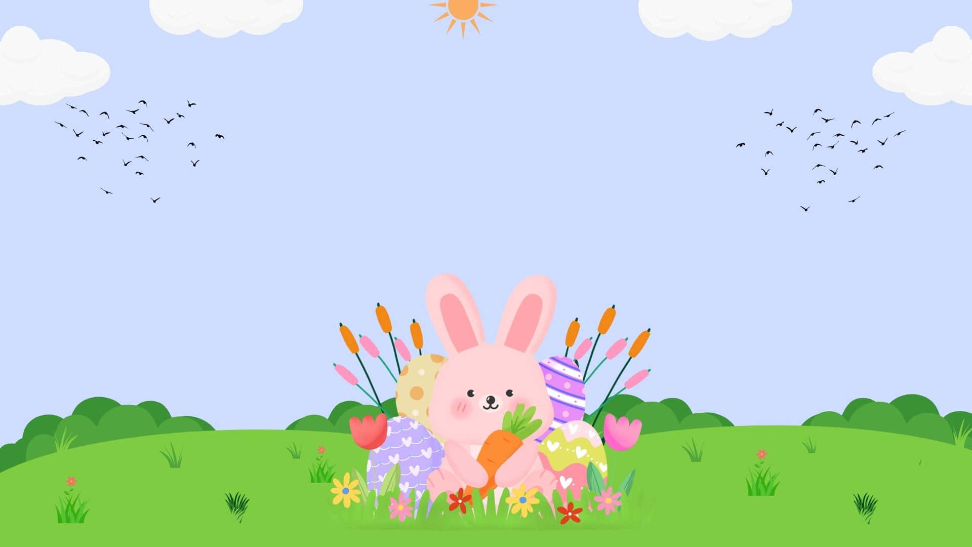 Cute Pink Bunny Hops Through the Meadow Wallpaper