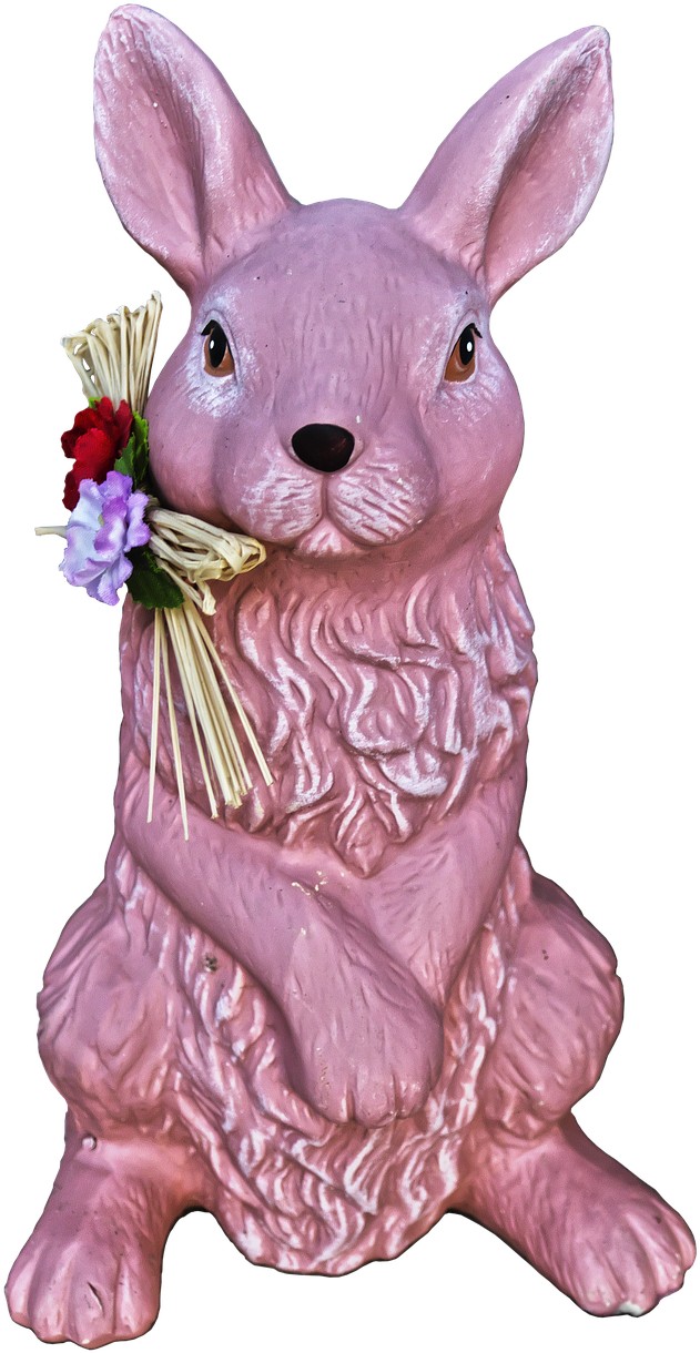 Pink Bunny Figurine Holding Flowers PNG