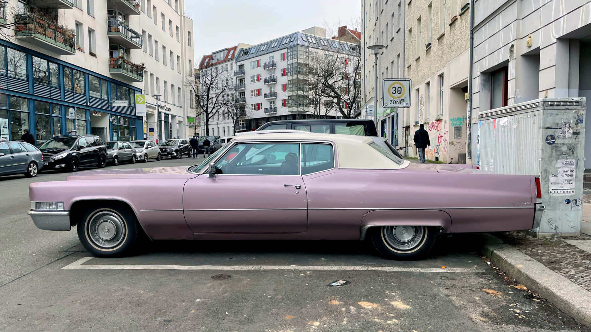 Vintage Pink Cadillac in the City Wallpaper