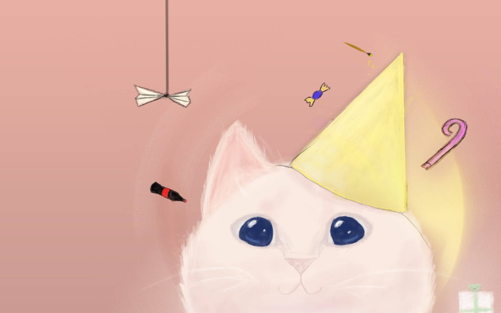 Pink Cat With Party Hat Wallpaper