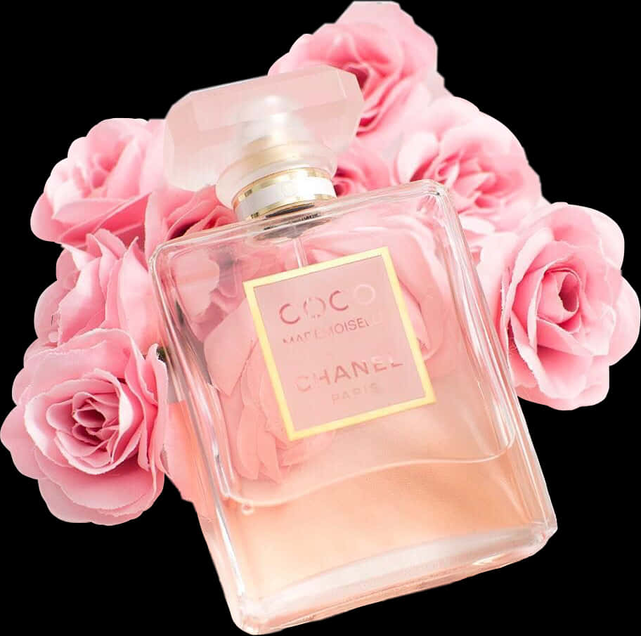 Pink Chanel Perfume Bottlewith Roses PNG