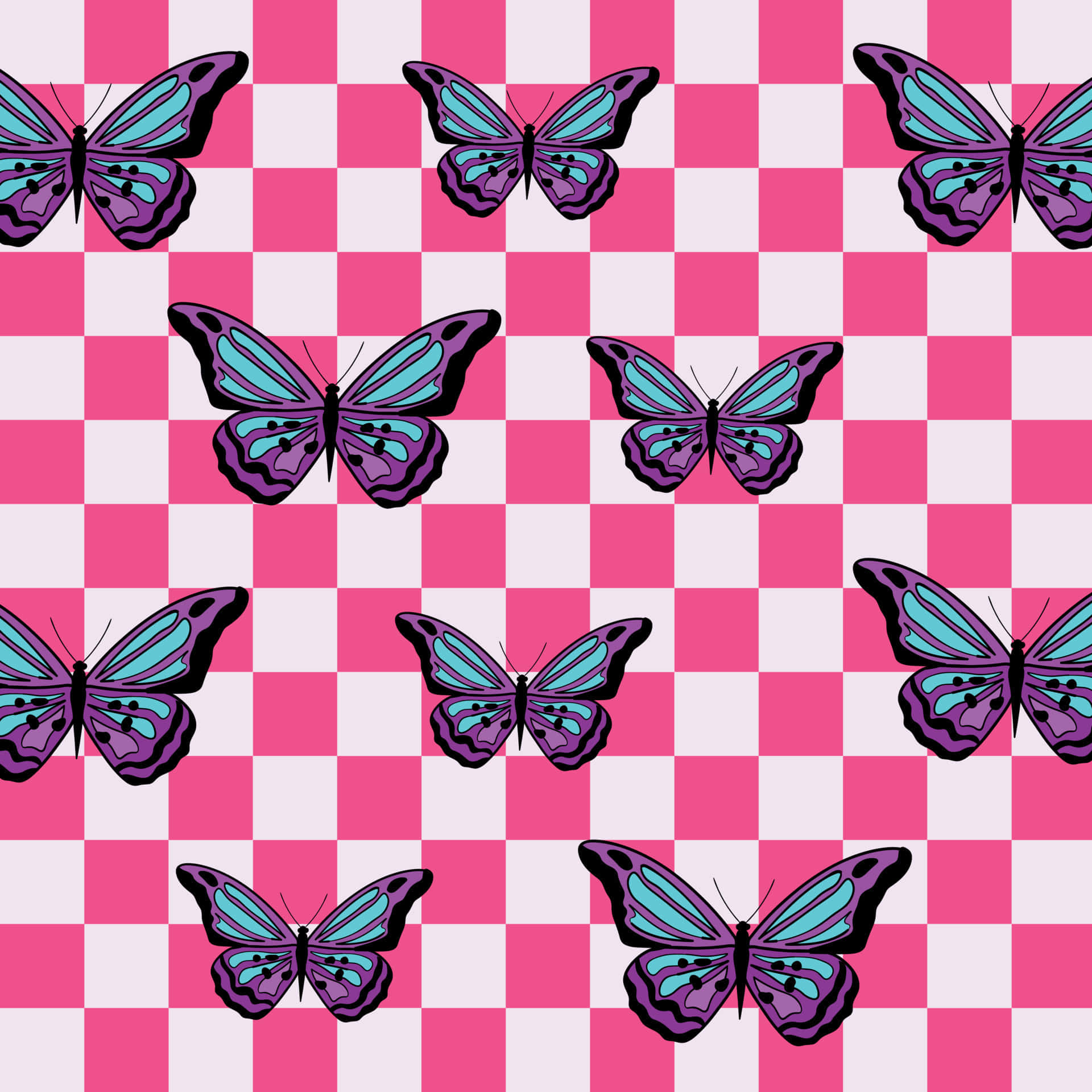 Pink_ Checkered_ Background_with_ Blue_ Butterflies Wallpaper