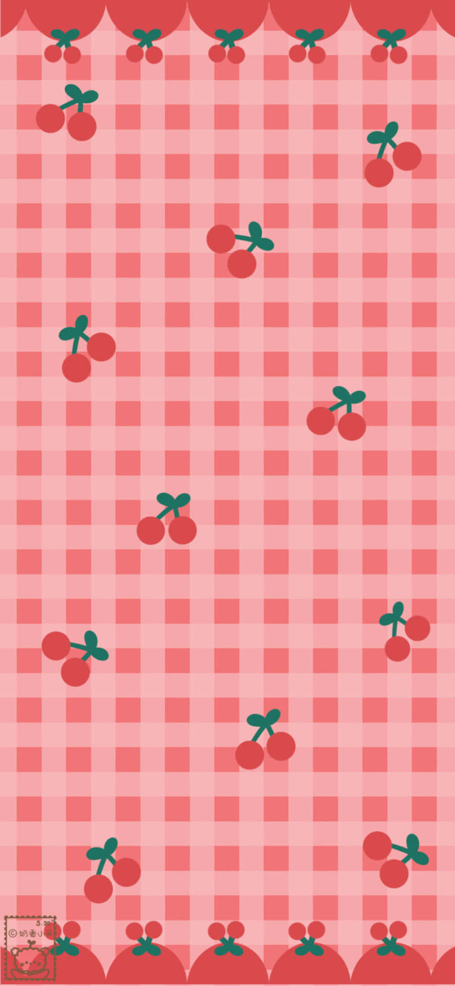 Pink Checkered Cute Red Cherries Wallpaper