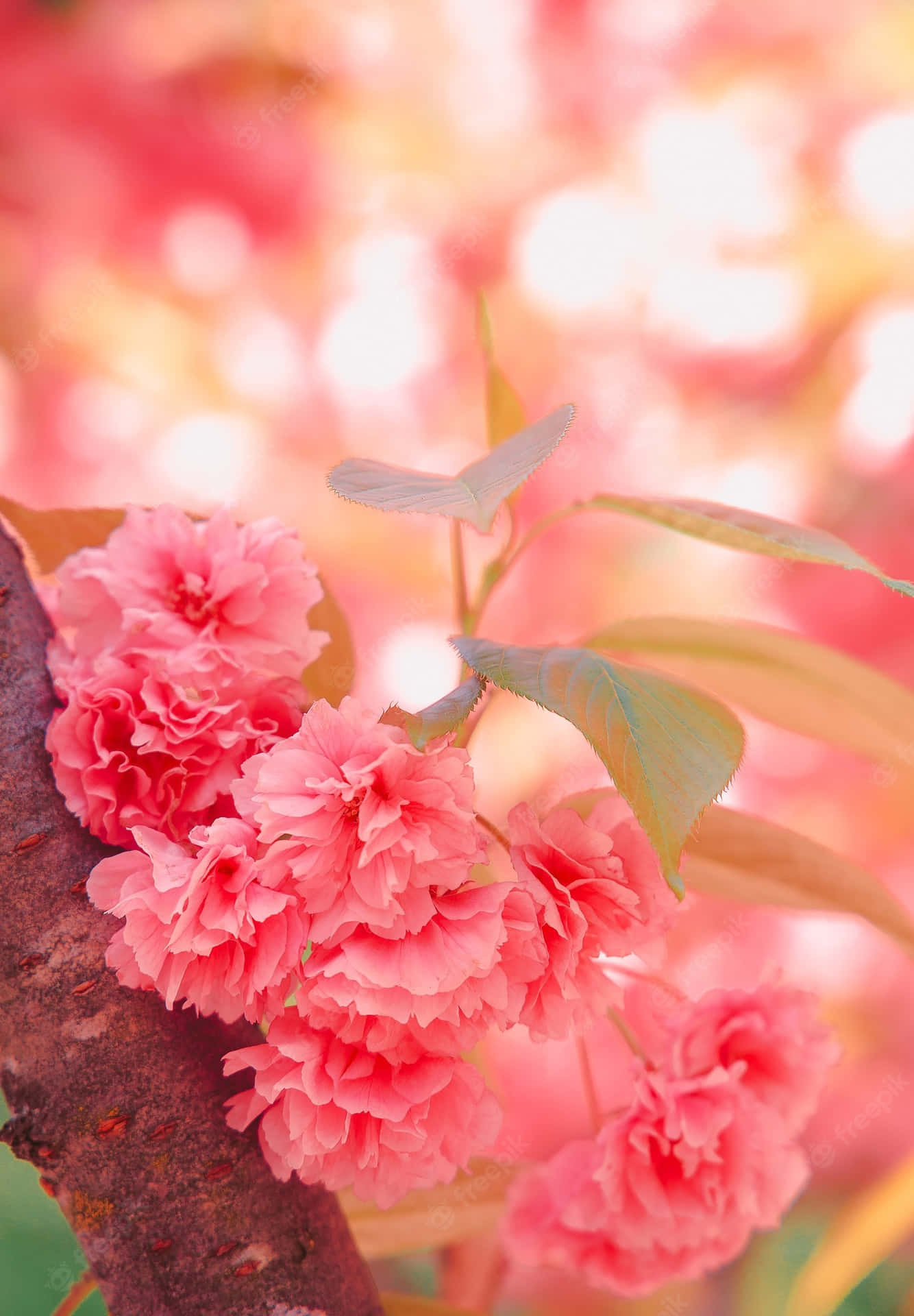 A beautiful pink cherry blossom against a clear blue sky. Wallpaper