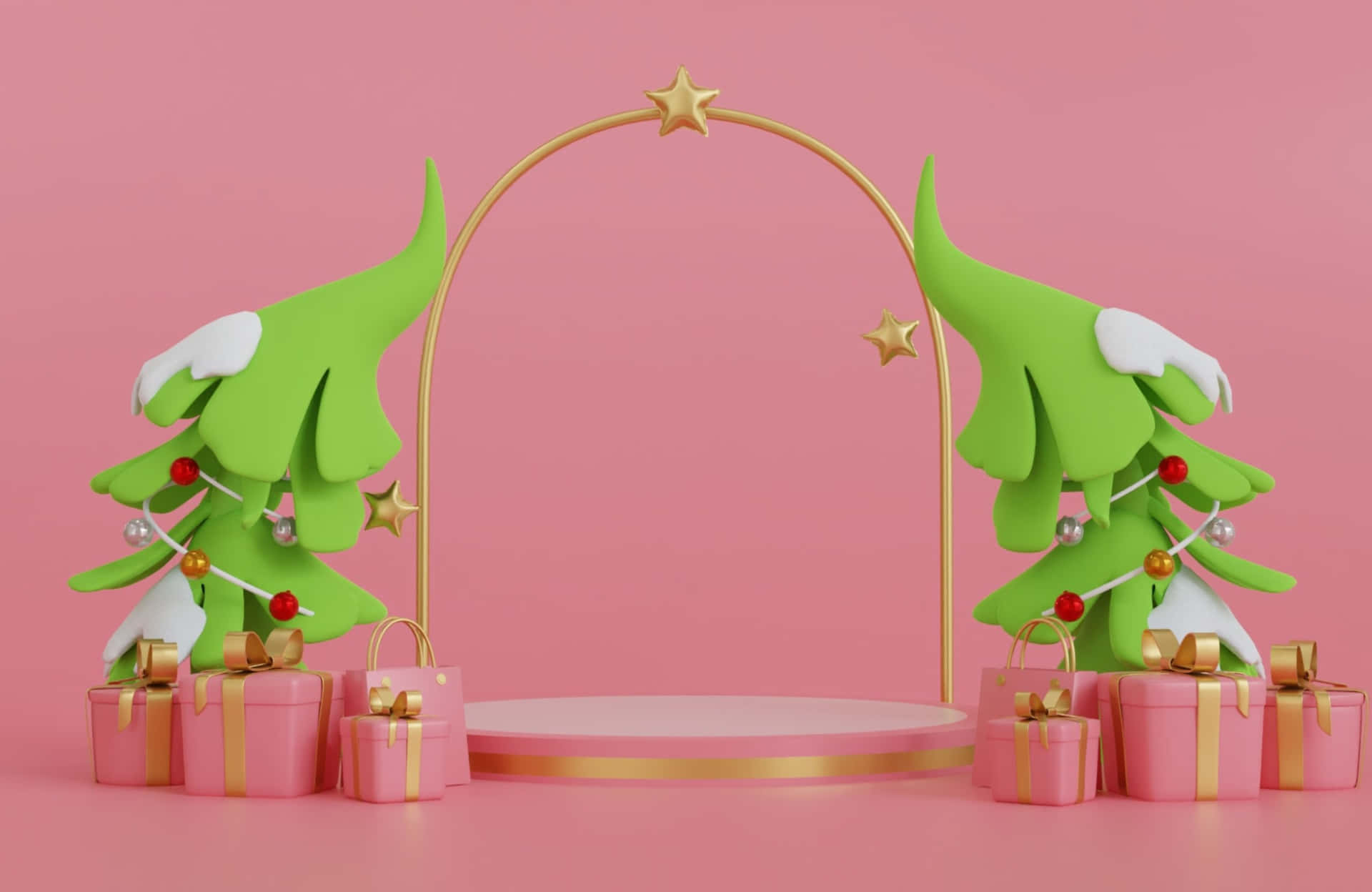 A Christmas Tree And Presents On A Pink Background