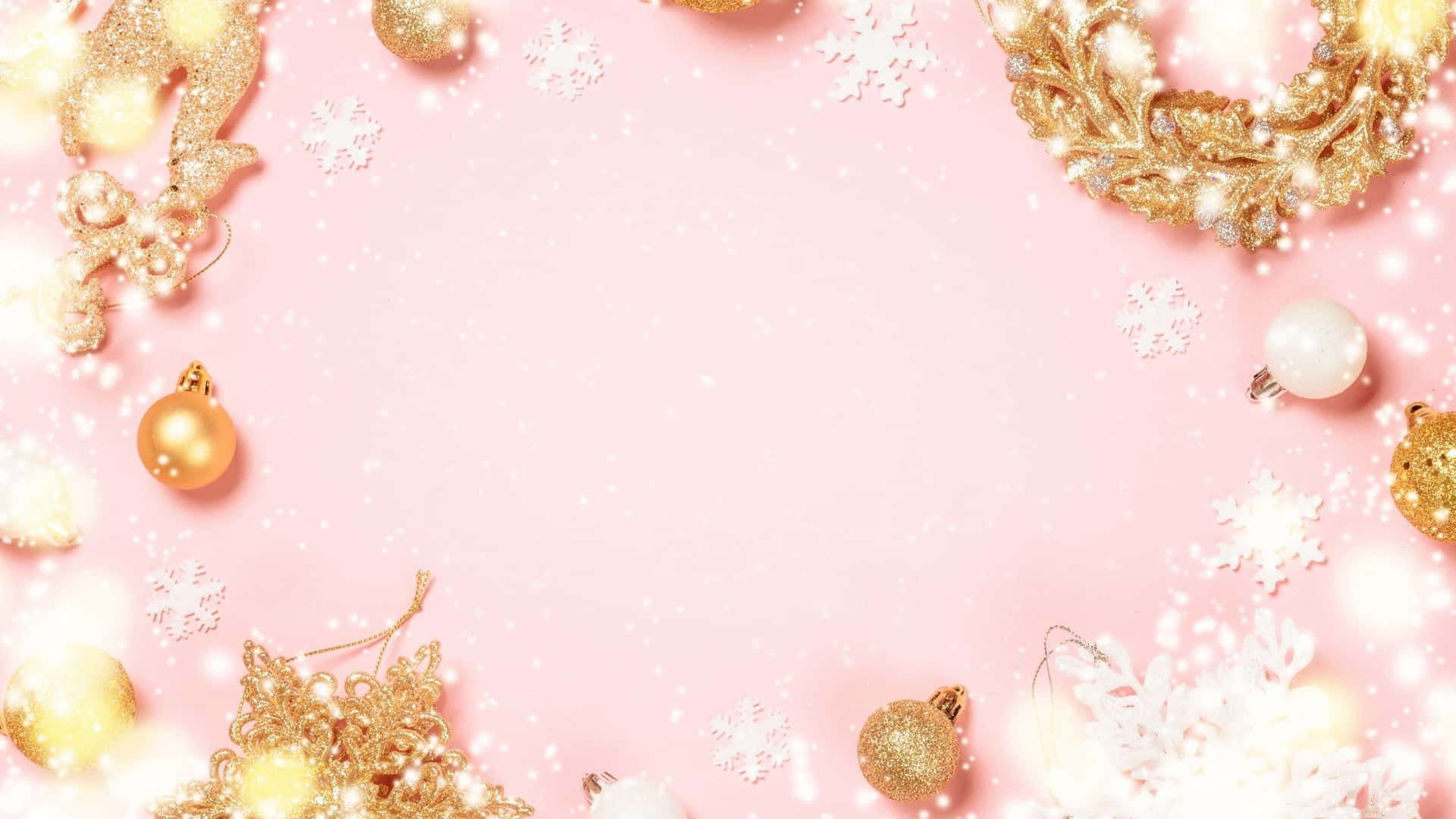 Christmas Background With Gold Decorations On Pink Background