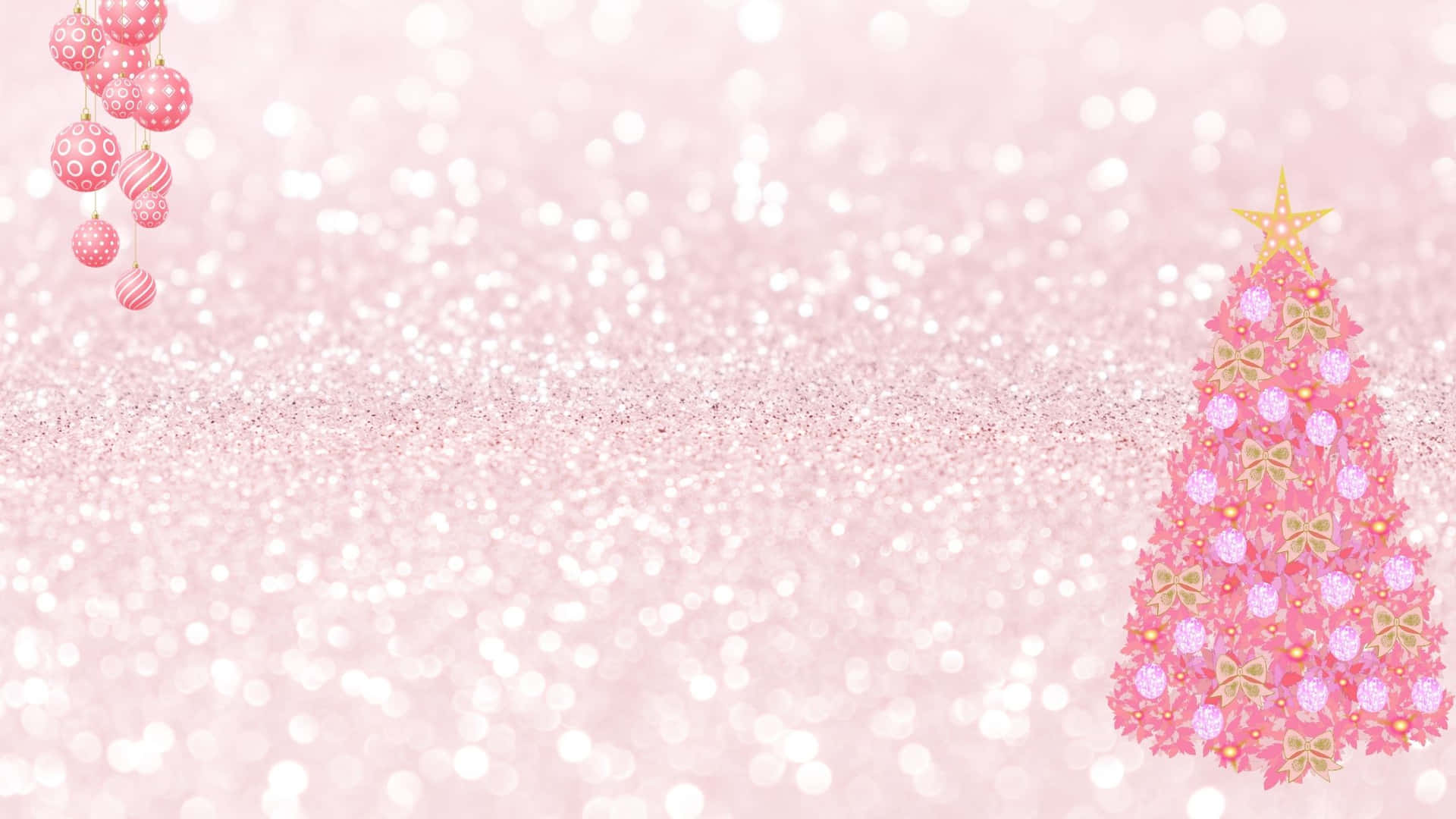 A Pink Christmas Tree With Gold Ornaments On A Glitter Background