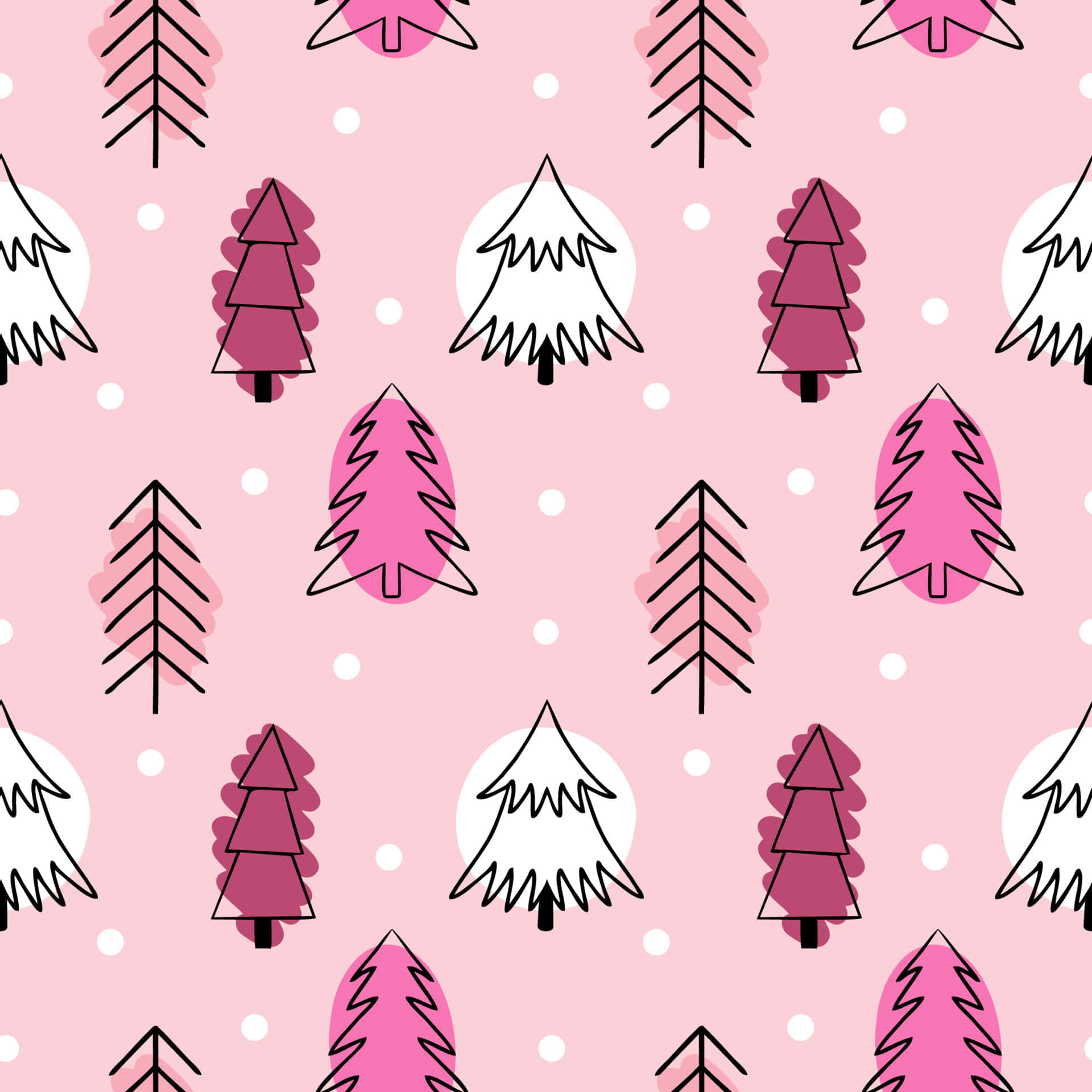 A Pink Christmas Tree Pattern With Polka Dots Wallpaper