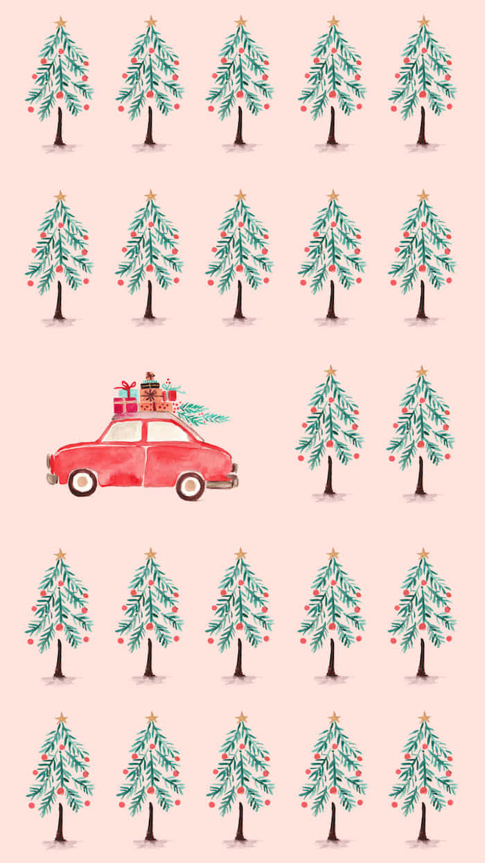 En pink baggrund med en rød bil og juletræer. Wallpaper