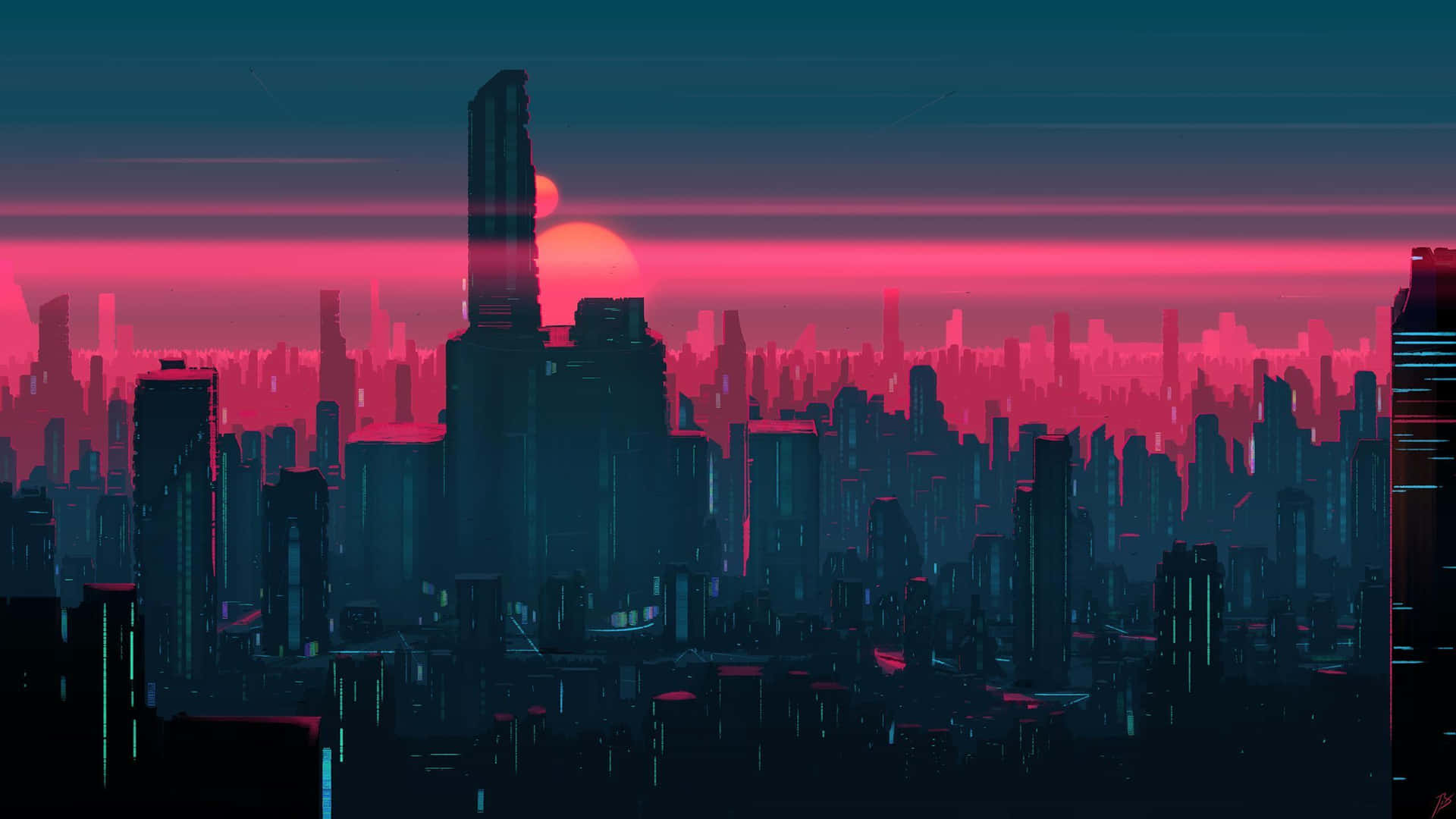 Artedigital De Una Ciudad En Color Rosa Neón. Fondo de pantalla