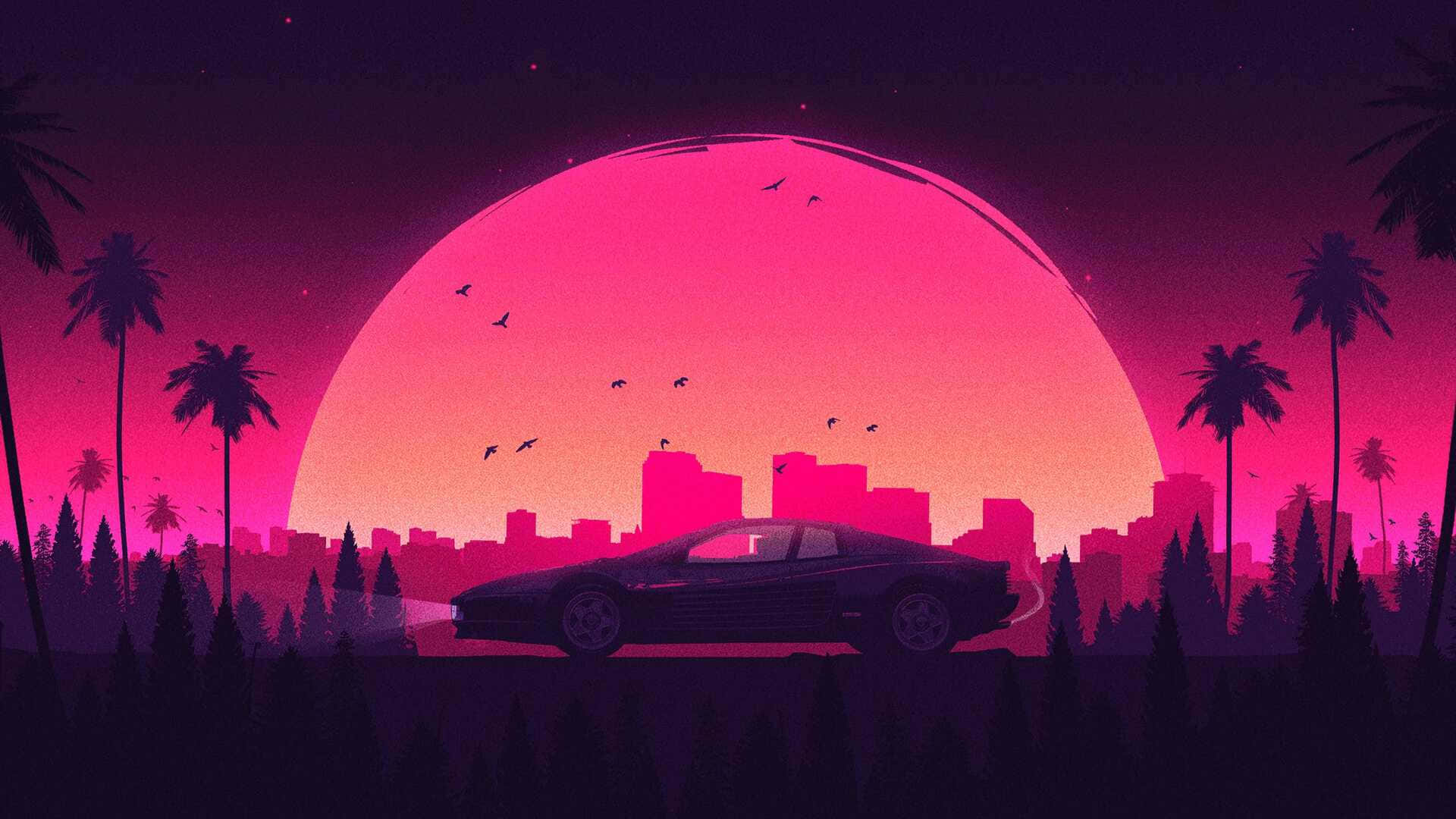 Pink City Sunset With Car Wallpaper