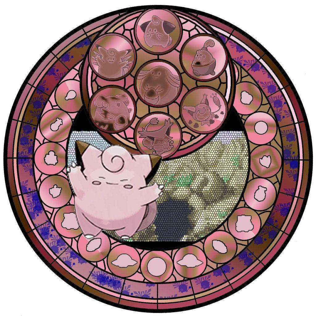 Pink Clefairy Pokémon Badge familie tapet: Billedet består af mange Clefairy Pokémon med pixel badges og et glødende baggrund. Wallpaper