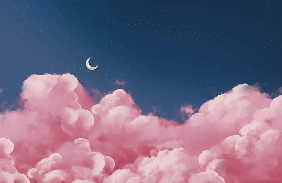 Crescent Moon Over Pink Clouds Background