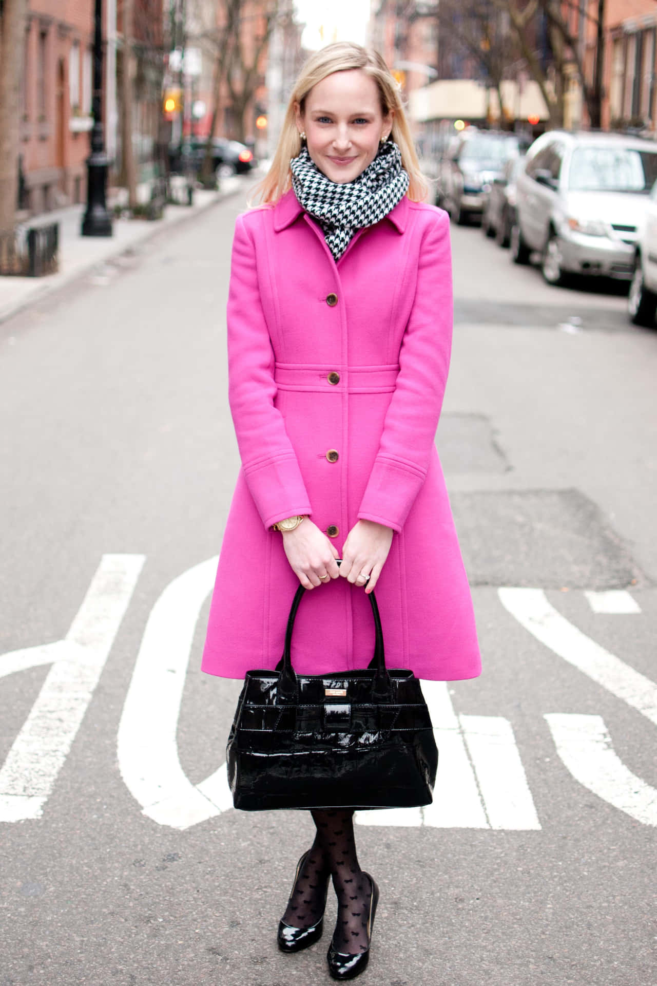 Elegant Woman in a Stylish Pink Coat Wallpaper