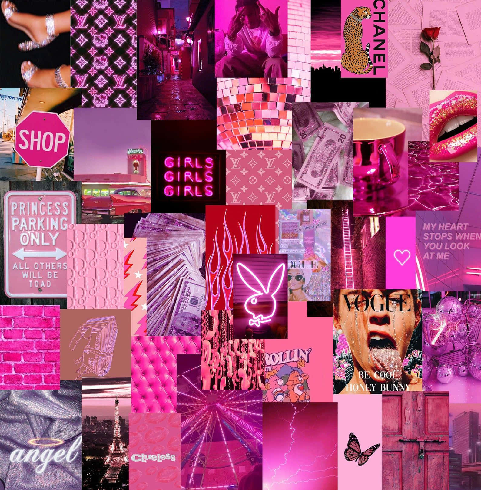 En levende lyserød collage, der fremhæver forskellige mønstre og former! Wallpaper