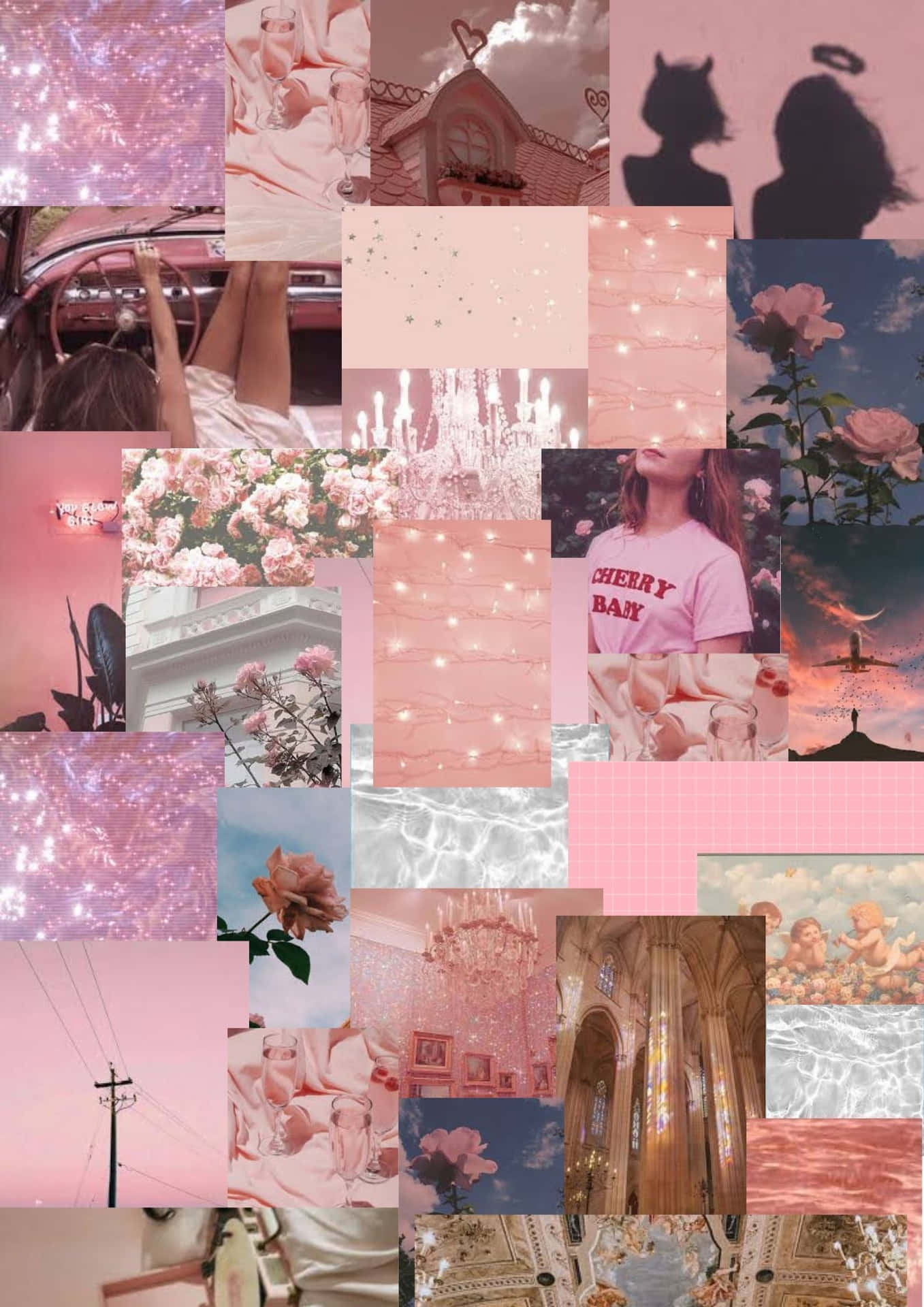 Lad kreativiteten strømme ind på din skrivebord med dette smukke rosa collage tapet. Wallpaper