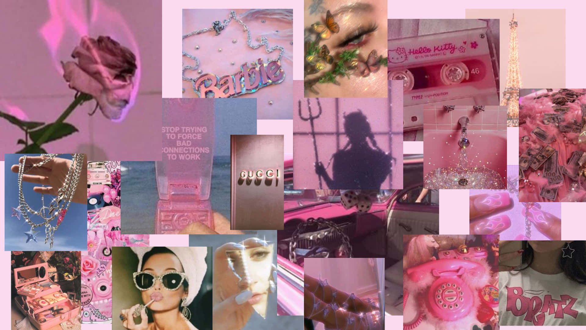 En collage af pink genstande og billeder. Wallpaper