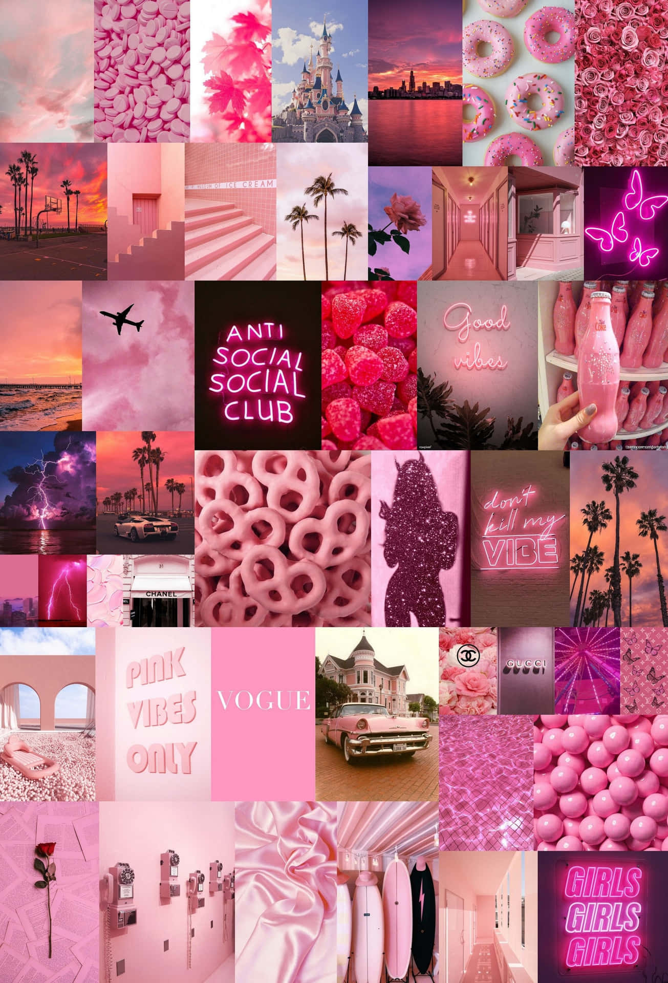Colorful Collage Arrangement on Pink Desktop Background Wallpaper