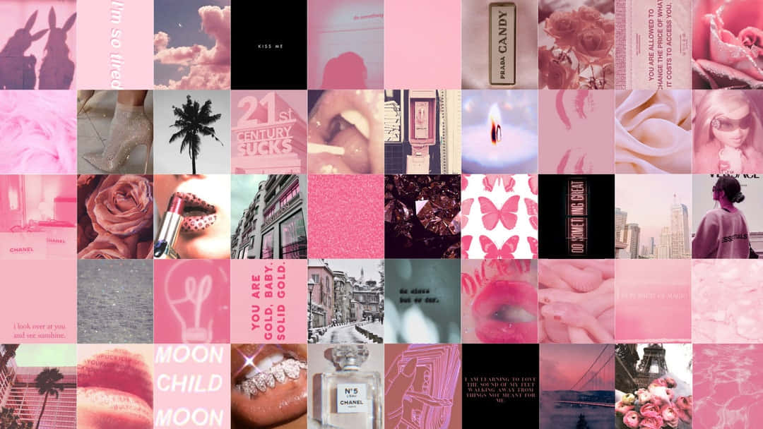 A vibrant pink desktop wallpaper filled with stark photos and images. Wallpaper