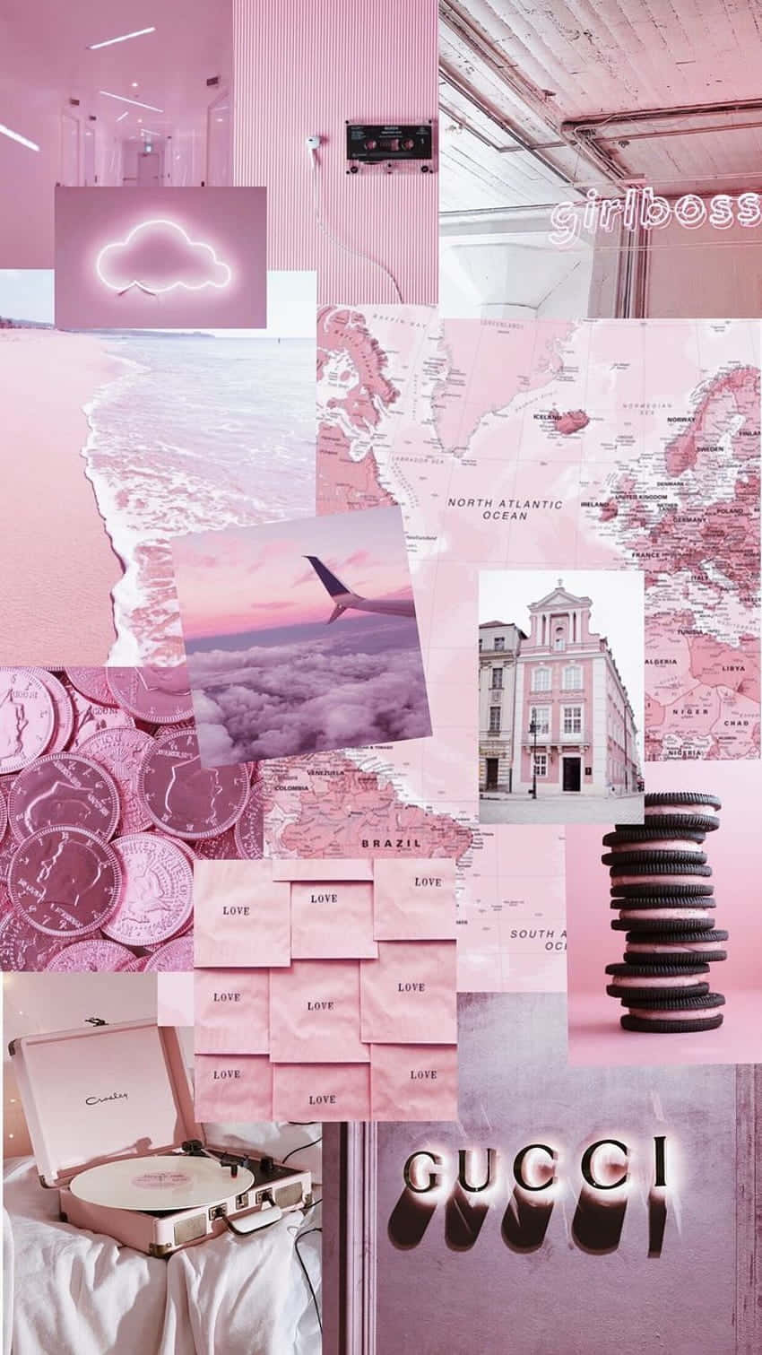 Creaun Espacio De Trabajo Colorido Con Un Escritorio Collage En Color Rosa Fondo de pantalla
