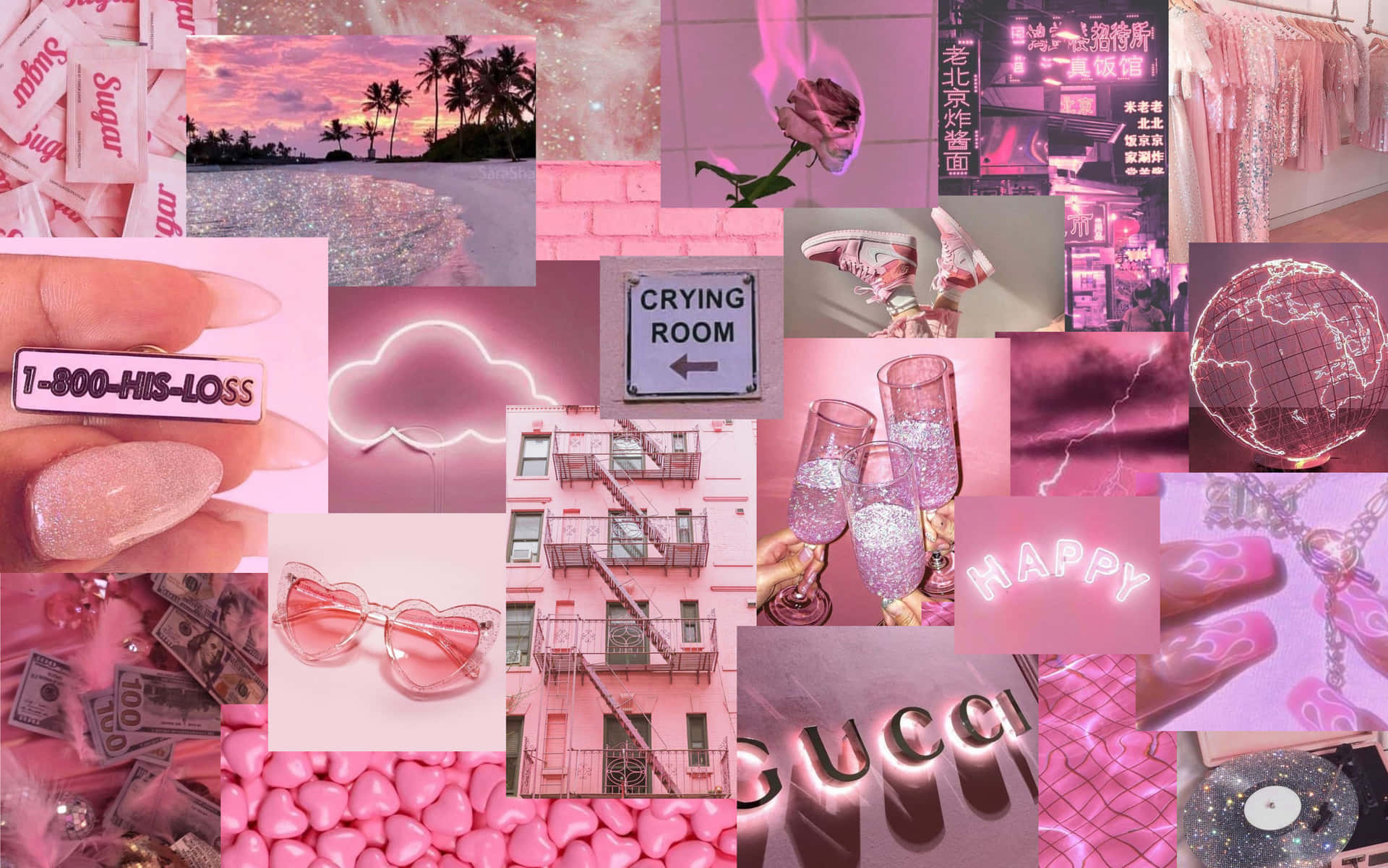 Unhermoso Collage De Elementos De Temática Rosa En Un Escritorio Fondo de pantalla