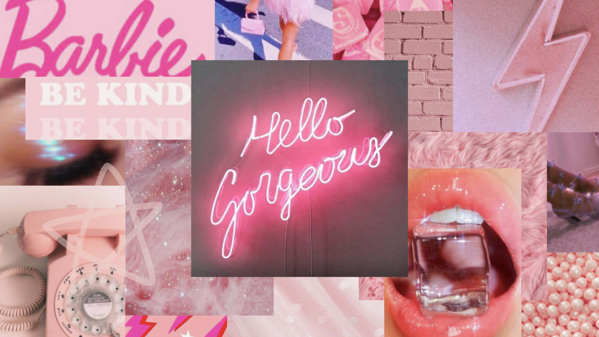 A Collage Of Pink Pictures With The Words Hello Gorgeous Wallpaper