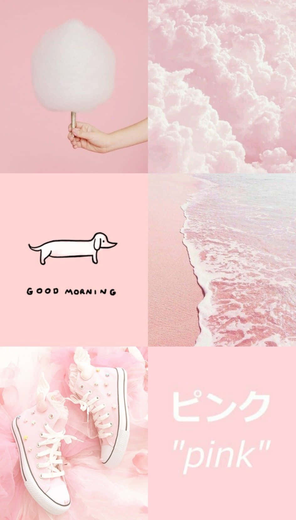 Pink, skyer og en hund vises i et collage Wallpaper