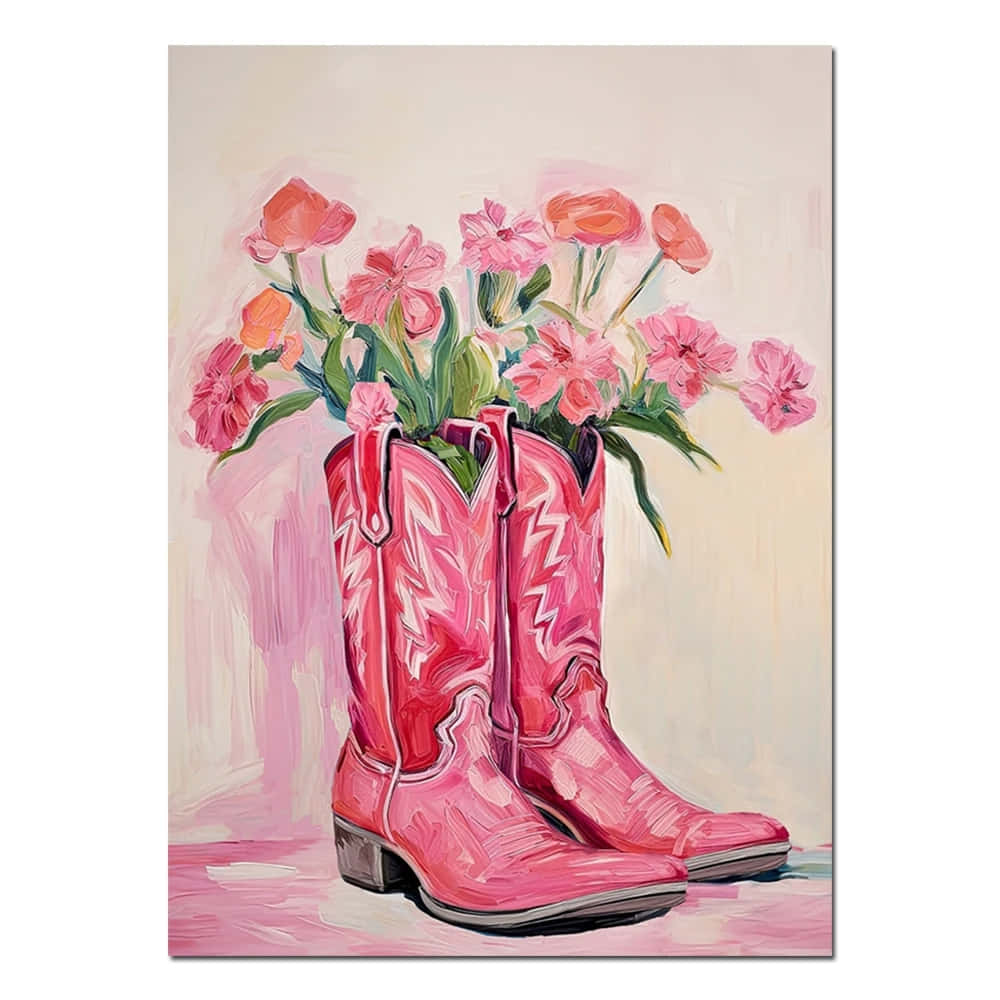 Pink Cowgirl Boots Floral Arrangement Artwork Wallpaper