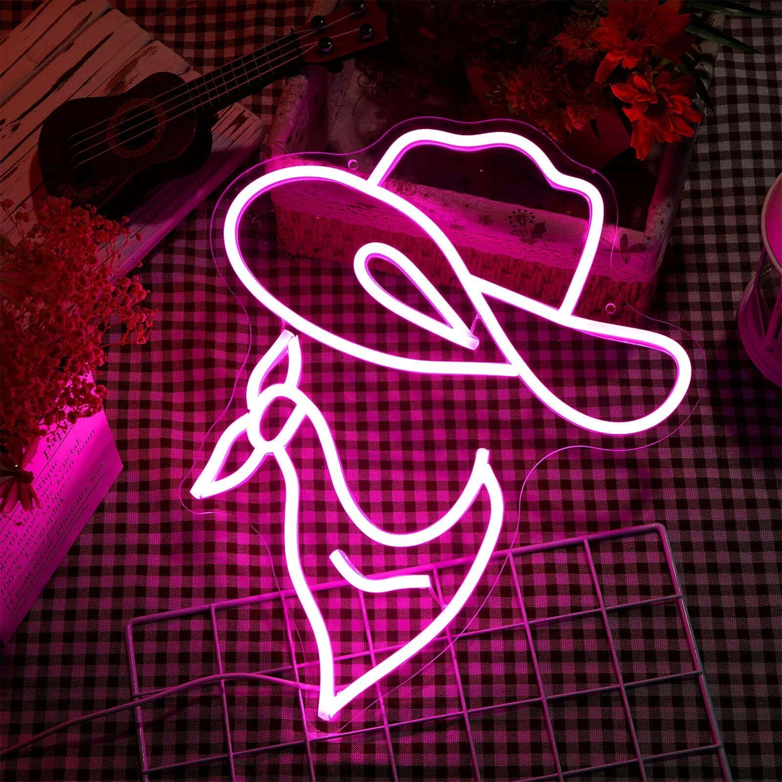 Pink Cowgirl Hat Neon Sign Aesthetic.jpg Wallpaper