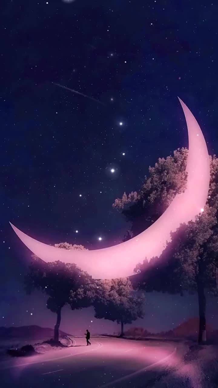 Pink Crescent Moon Art Wallpaper