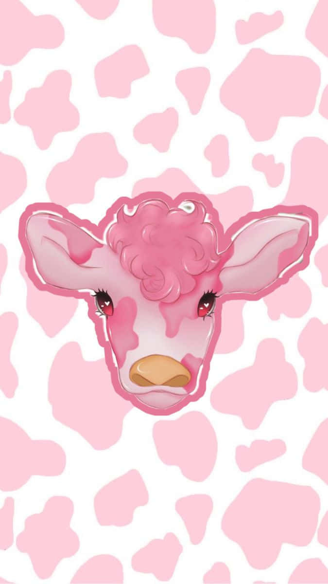 Pink Curly Haired Cow Illustration Wallpaper