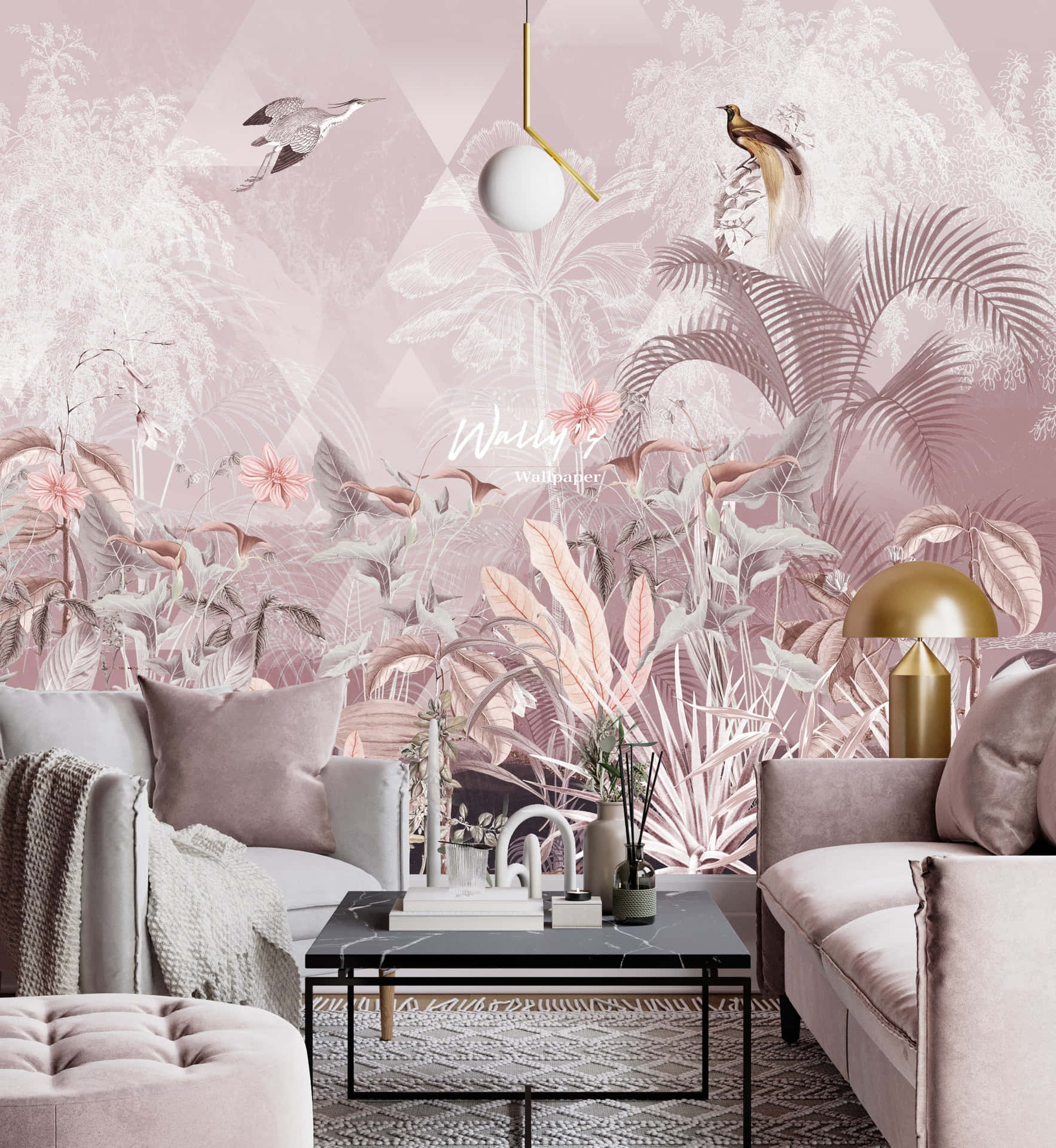 A Pink Living Room With A Pink Wall Wallpaper