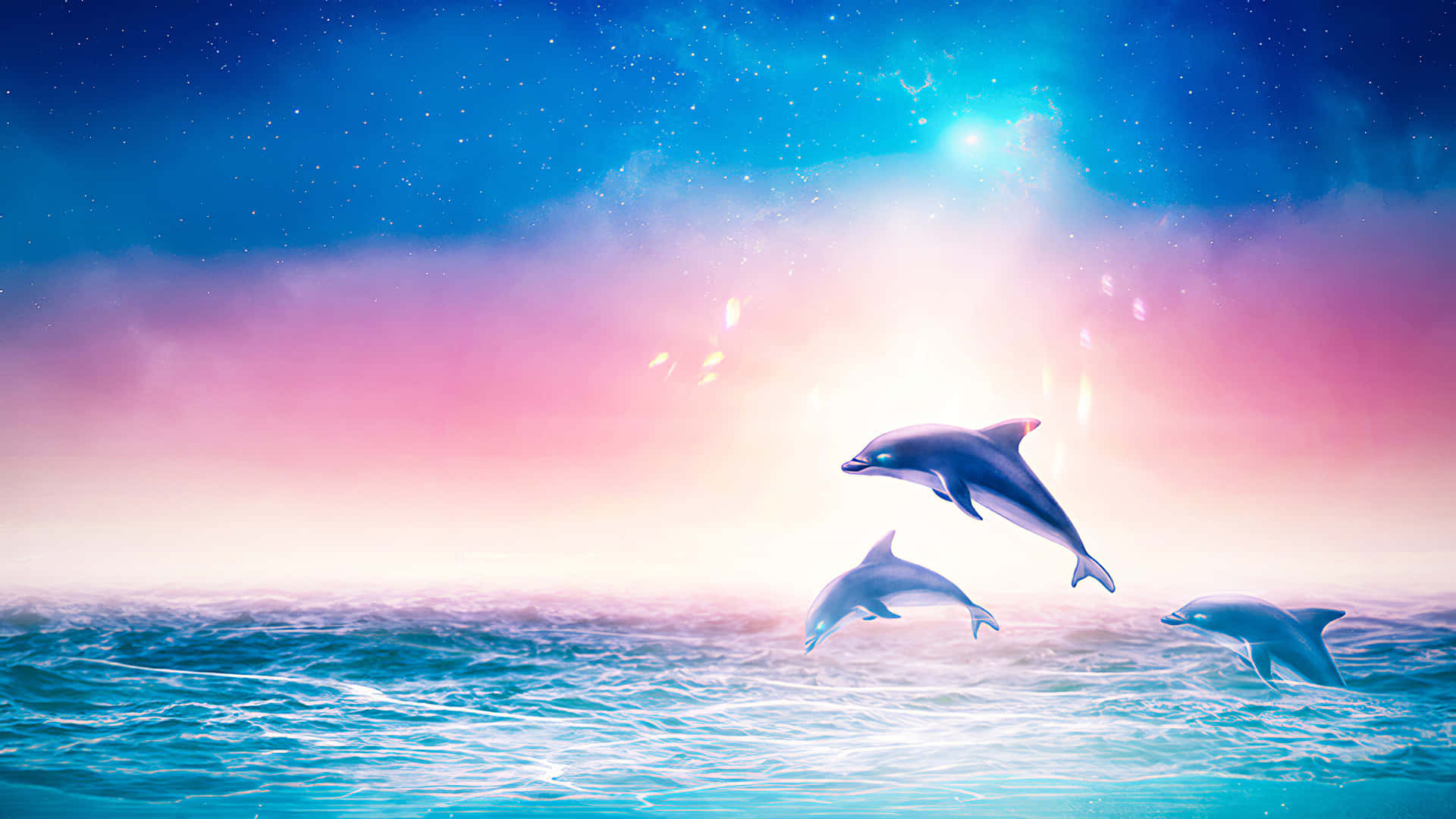A colorful pink dolphin making a splash in the ocean Wallpaper