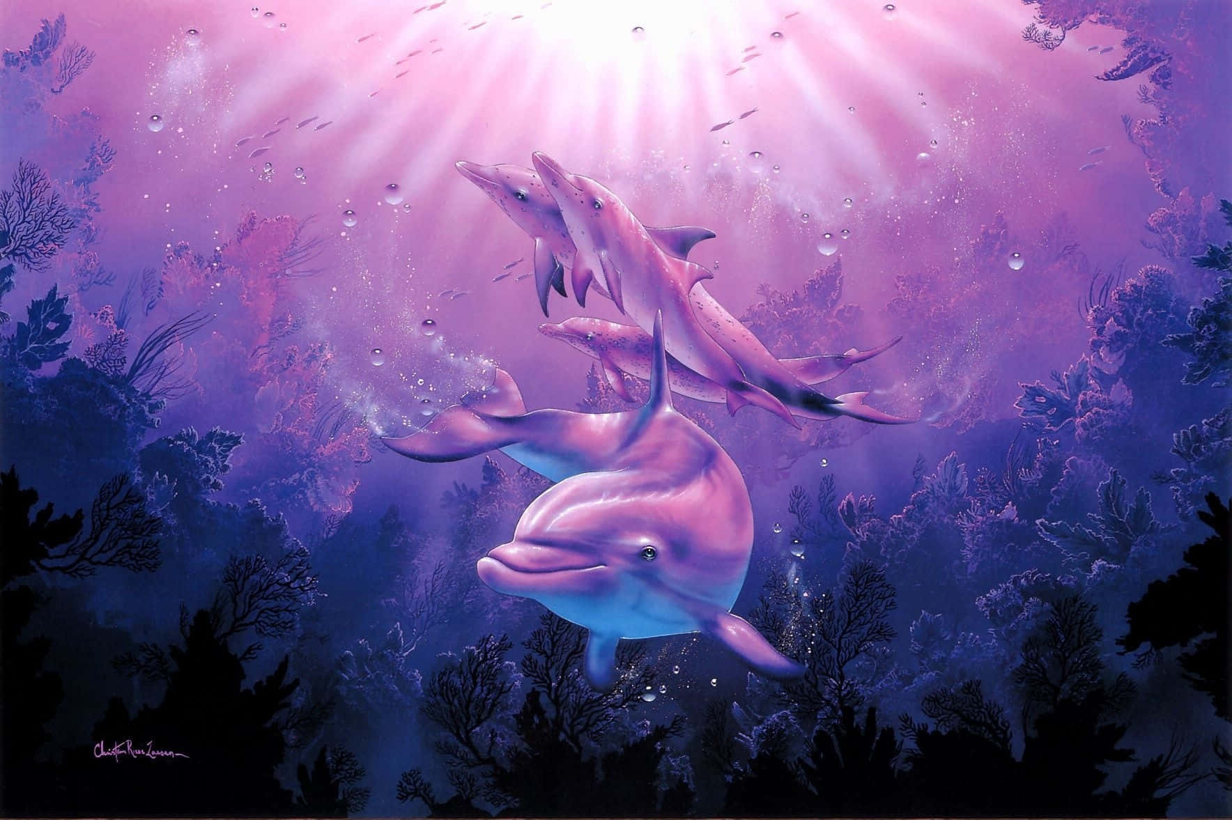 Enmålning Av Två Delfiner Som Simmar I Havet. Wallpaper