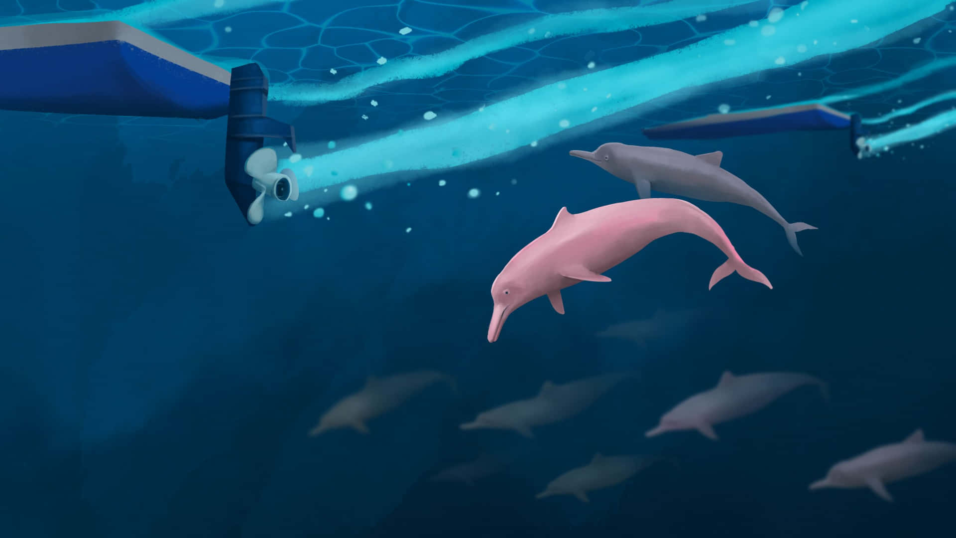 Dolphins Swimming In The Ocean With A Robot Wallpaper