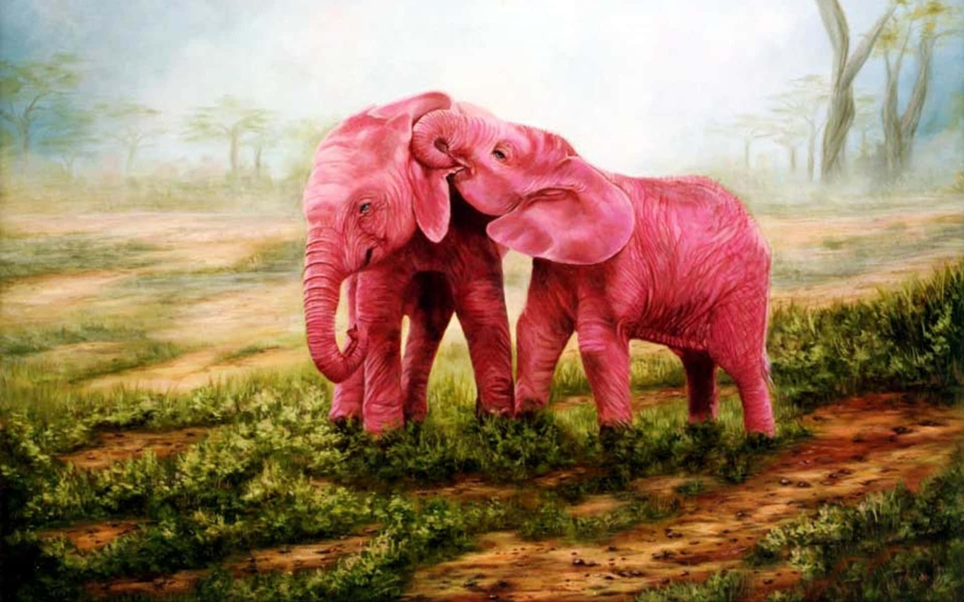 Caption: Majestic Pink Elephant in Serene Landscape Wallpaper