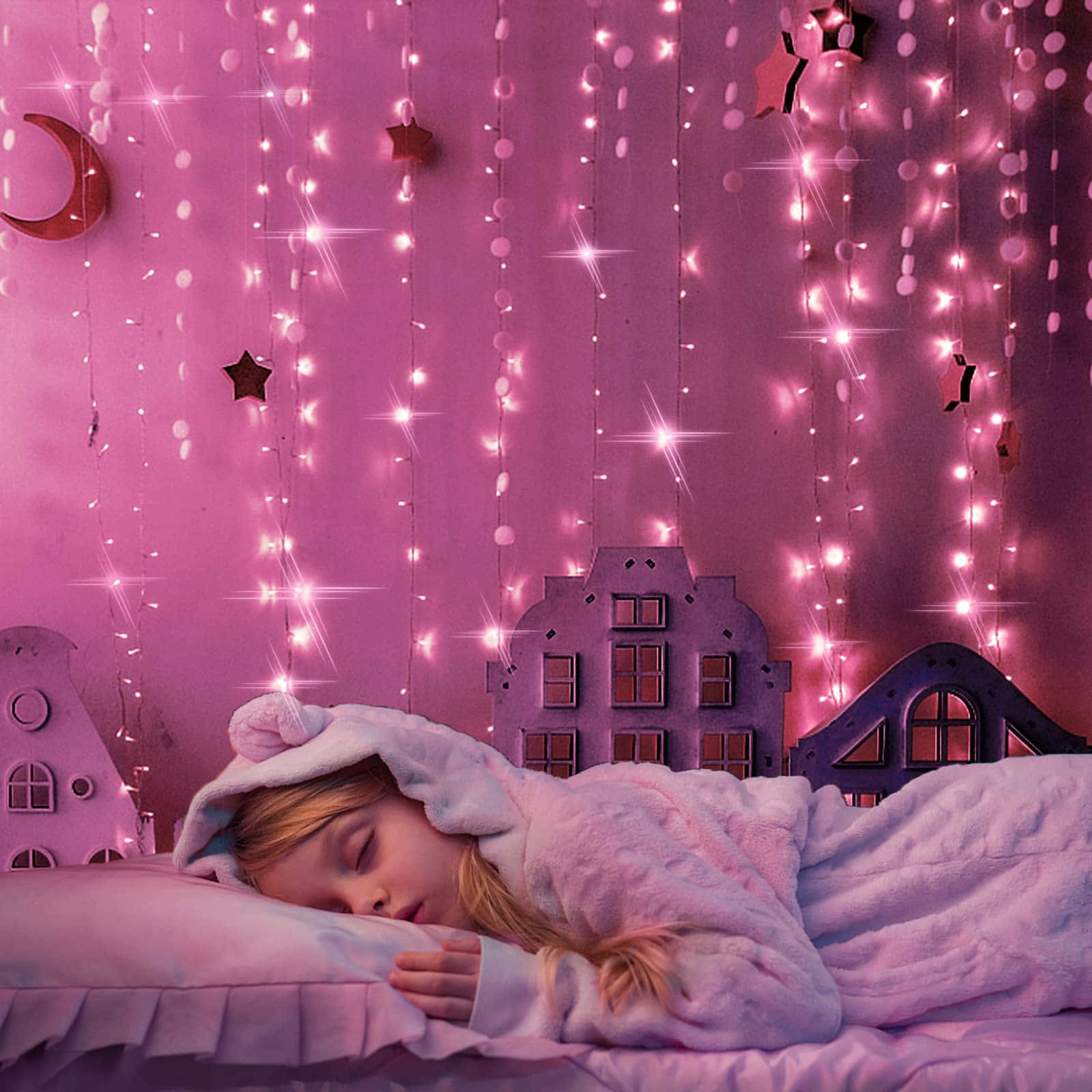 En pige der sover i en seng af roser Wallpaper