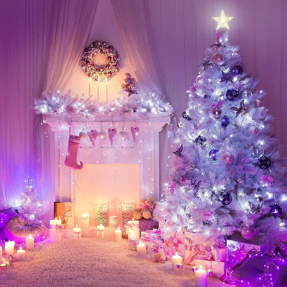A Christmas Tree With Candles And Lights In A Room Wallpaper