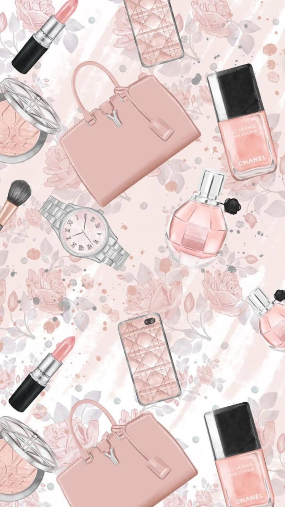 Pink fashion items pattern phone wallpaper.