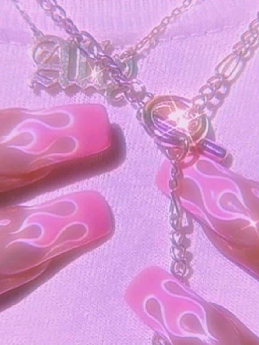 Pink Flame Nail Artwith Chain Necklace Wallpaper